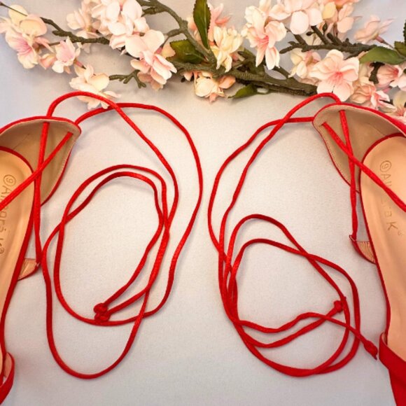 Red Lace-Up Strappy Sandals, Size 9 - Picture 8 of 10